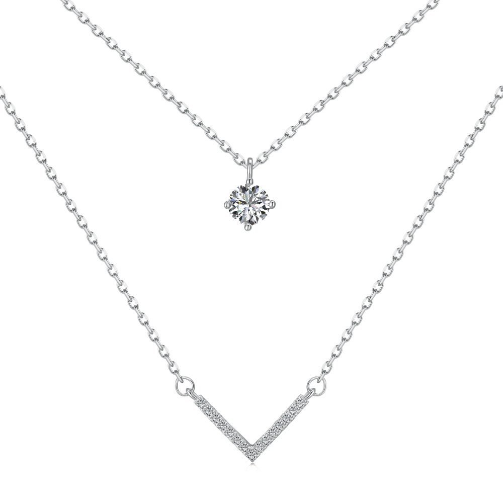 S925 Sterling Silver Plated 18K Gold Necklace Double Layered V-shaped Pendant